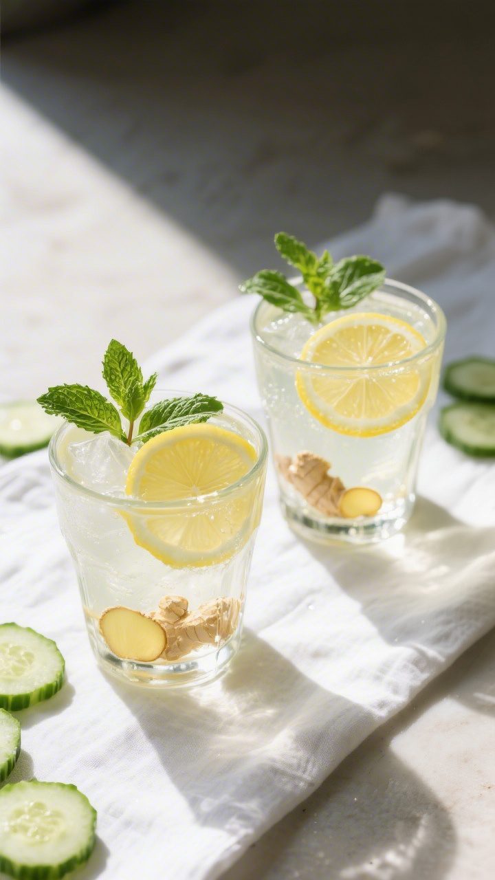 Tasty top view: Overhead shot of a final pour—two lowball glasses packed with ice, translucent lem