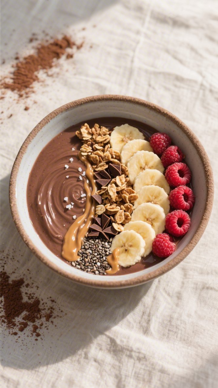 Tasty top view: Overhead shot of a finished Chocolate Banana Smoothie Bowl spread into silky, even r