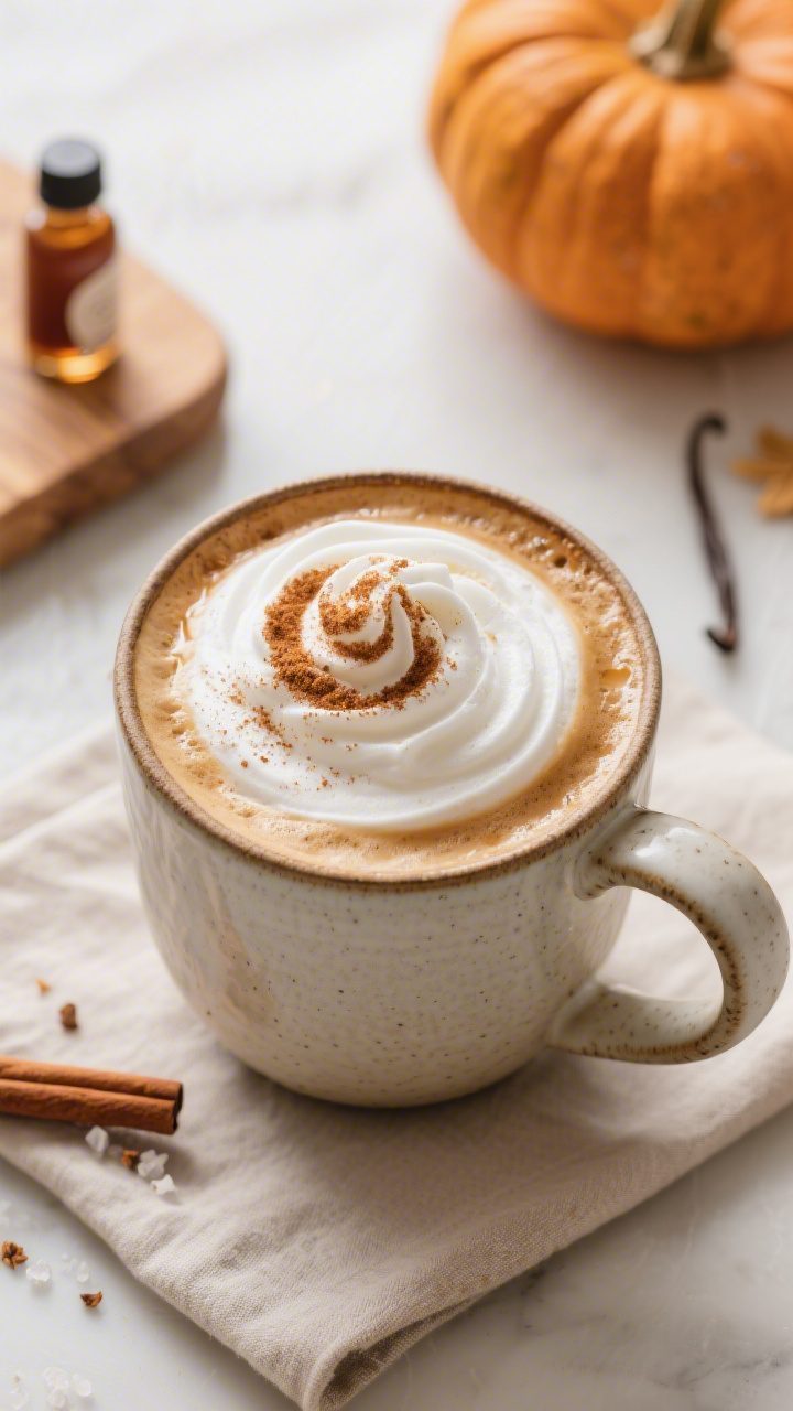 Tasty top view: Overhead shot of a finished homemade Pumpkin Spice Latte in a wide ceramic mug, lush