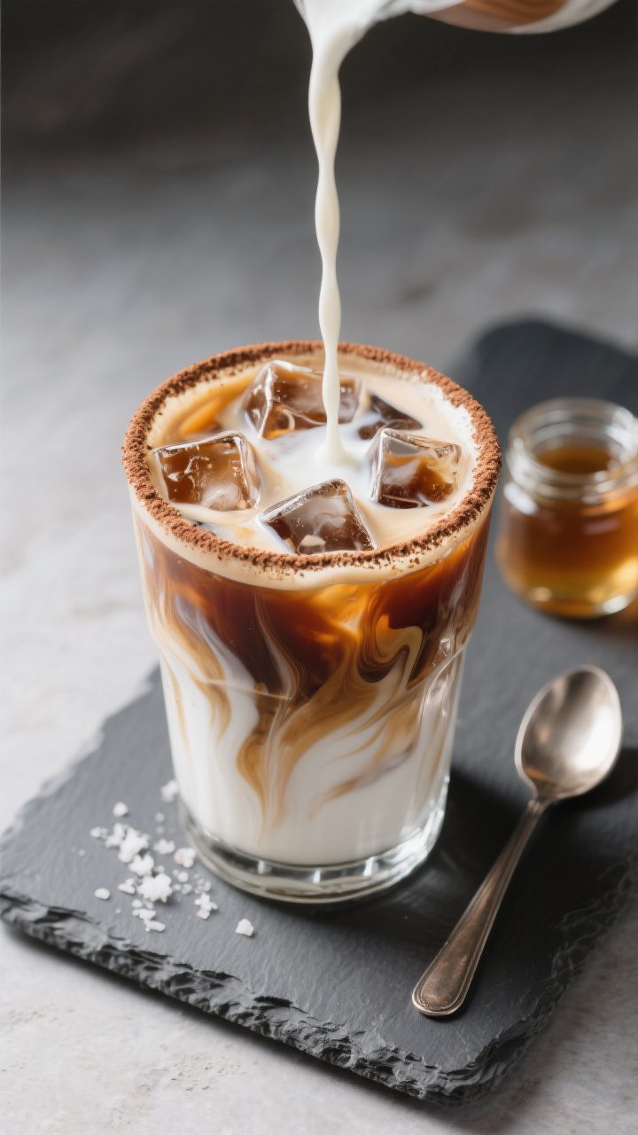 Tasty top view: Overhead shot of a finished Homemade Iced Coffee with a dramatic milk pour creating