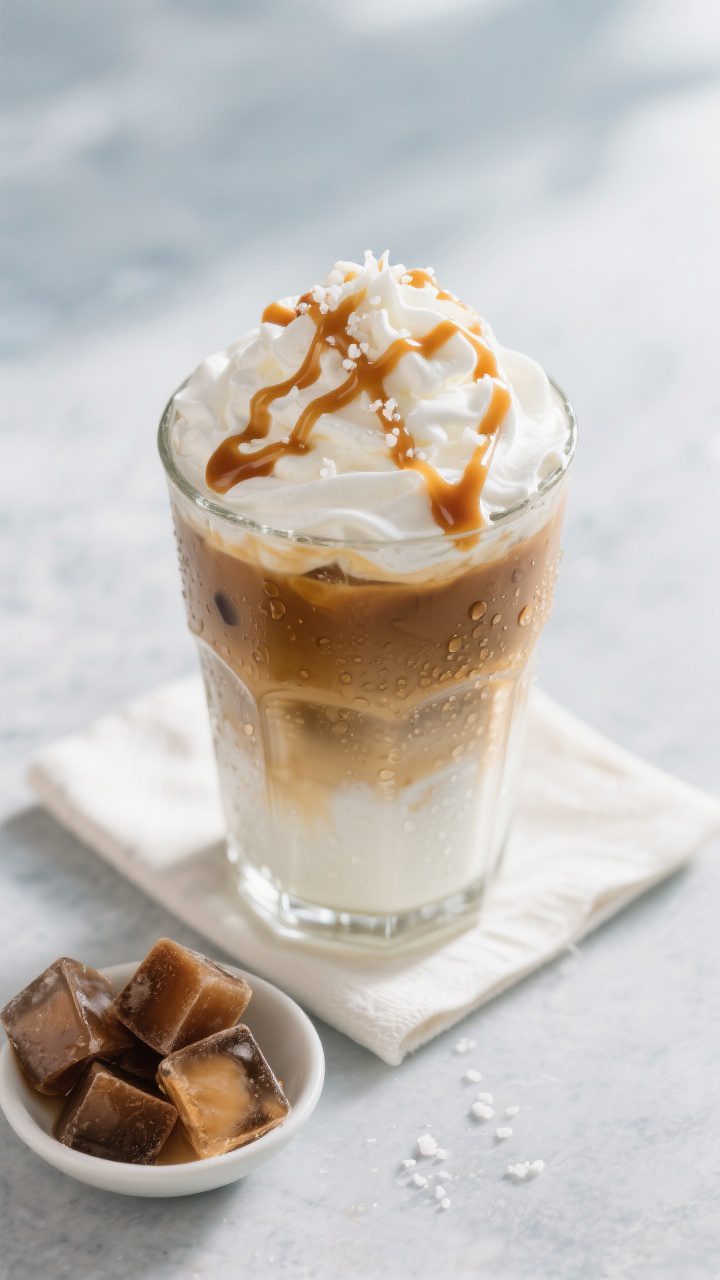 Tasty top view: Overhead shot of a finished iced caramel latte topped with a cloud of whipped cream