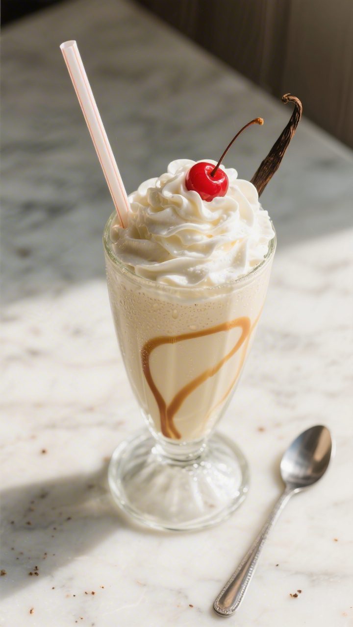 Tasty top view: Overhead shot of a finished vanilla milkshake in a classic soda-fountain glass, crow
