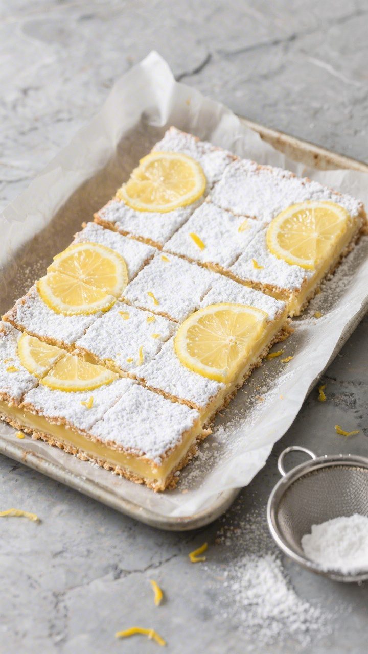 Tasty top view: Overhead shot of a fully set lemon bar slab just lifted from the pan on parchment, g