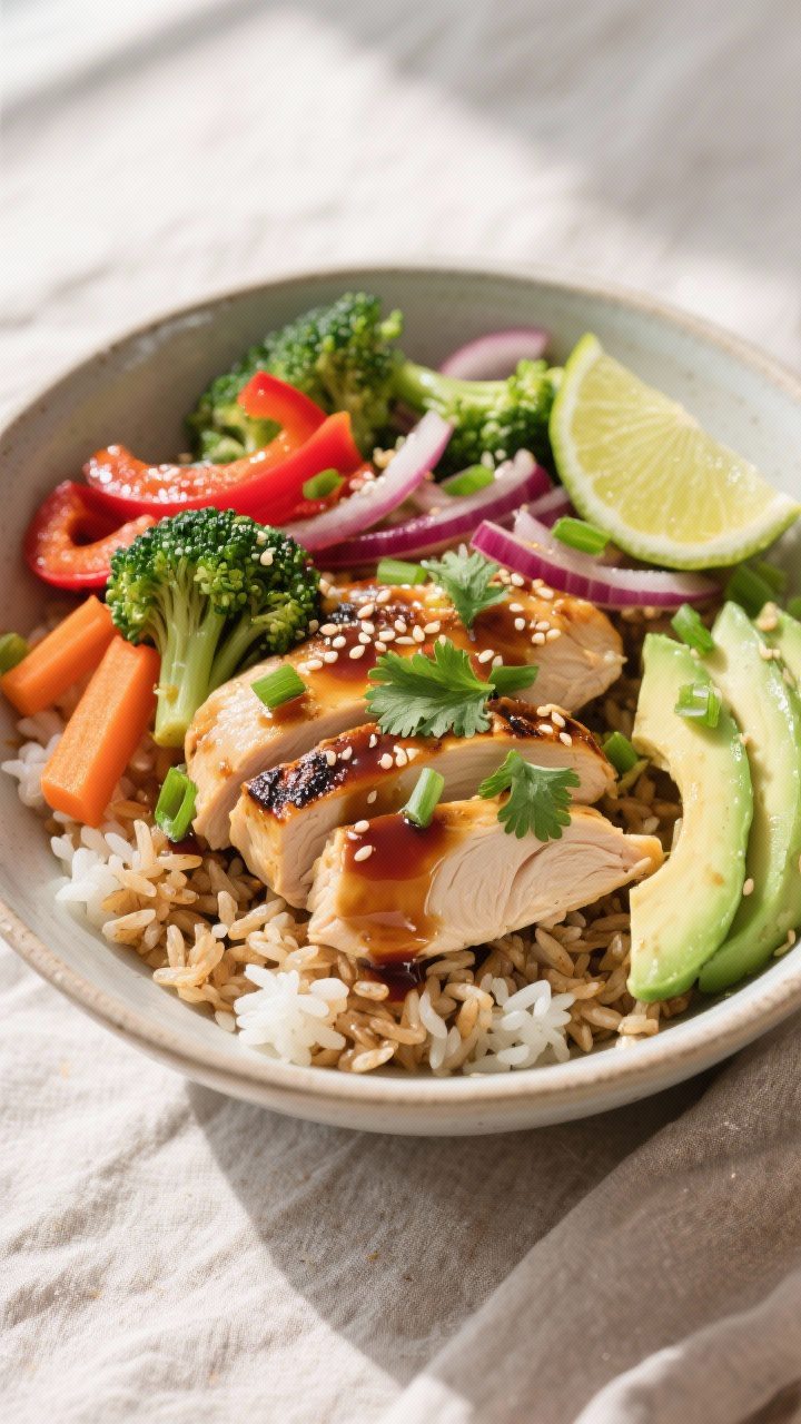 Tasty top view: Overhead shot of a Healthy Chicken and Rice Bowl—fluffy jasmine or brown rice base