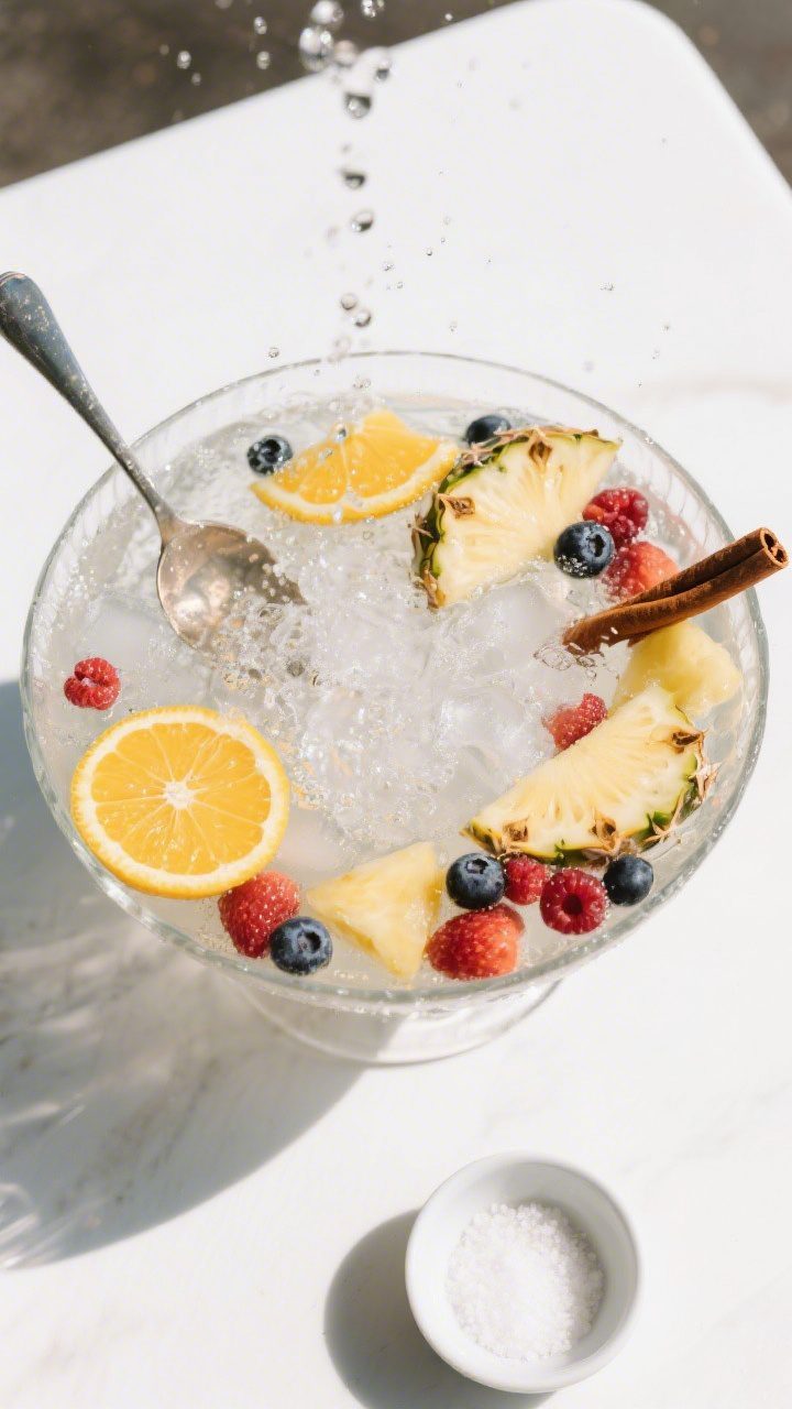 Tasty top view: Overhead shot of a large punch bowl just before serving—ice added and sparkling wa