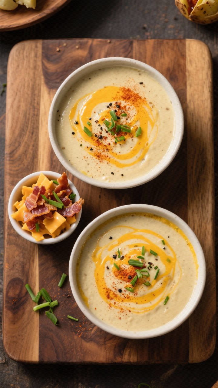 Tasty top view: Overhead shot of a Loaded Baked Potato–style version—thick, creamy potato soup i