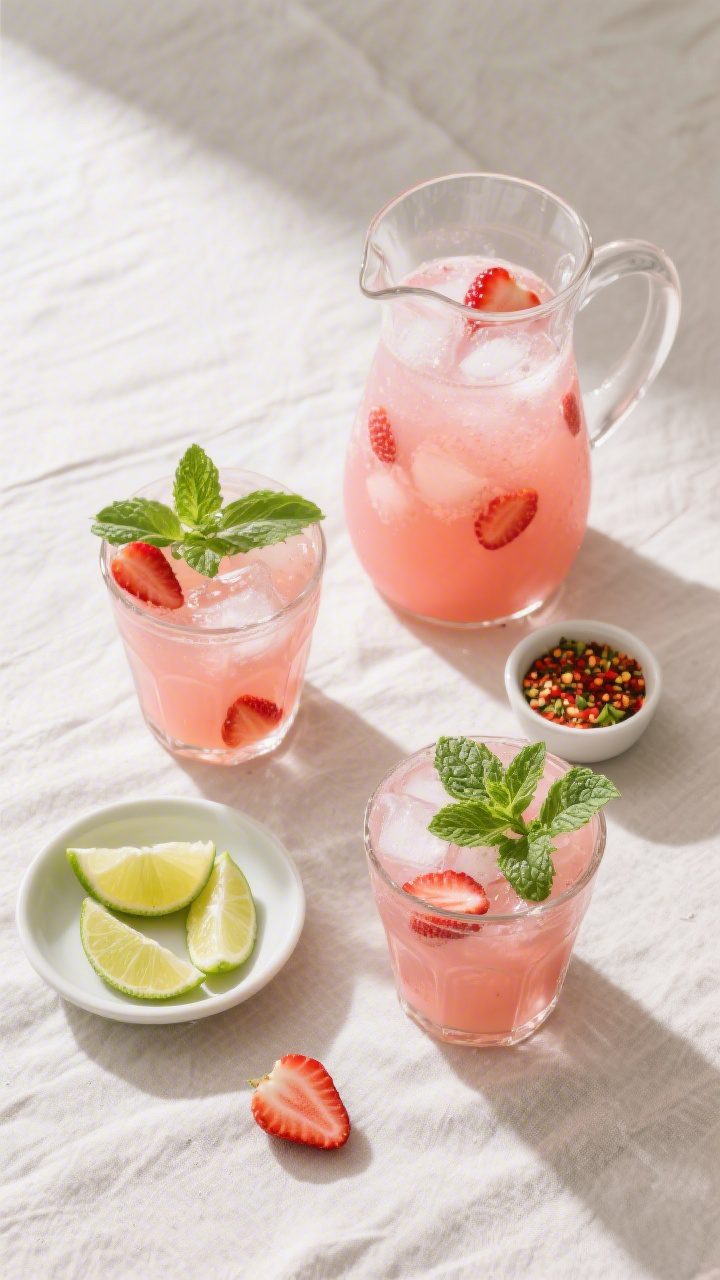 Tasty top view: Overhead shot of a pitcher and two tumblers of strawberry agua fresca on a light lin