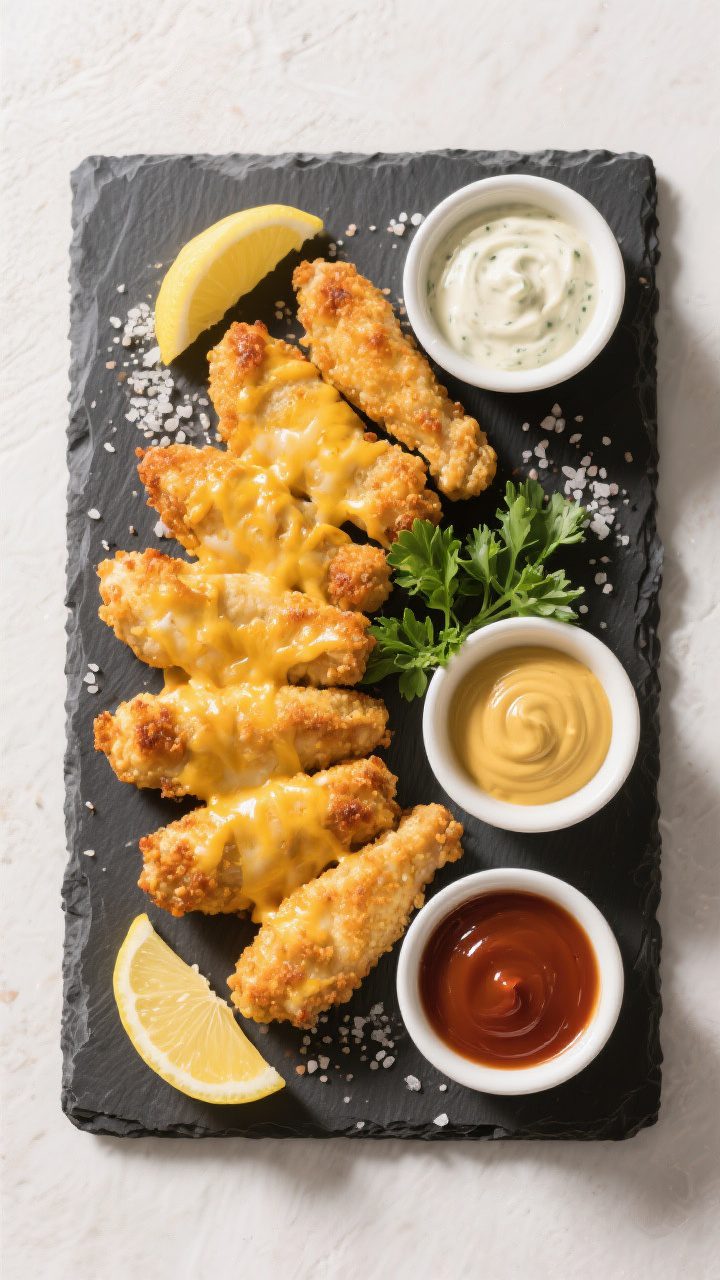 Tasty top view: Overhead shot of a platter of cheesy baked chicken tenders arranged in a fan with sm