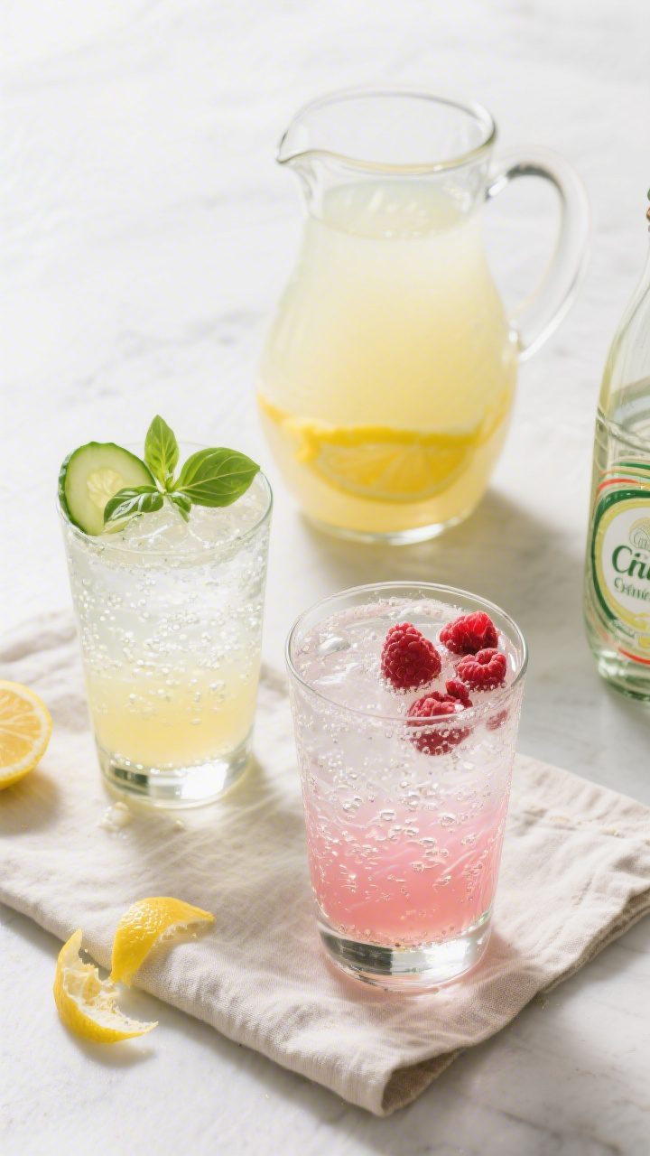 Tasty top view: Overhead shot of a small pitcher of prepared lemon base next to two chilled glasses