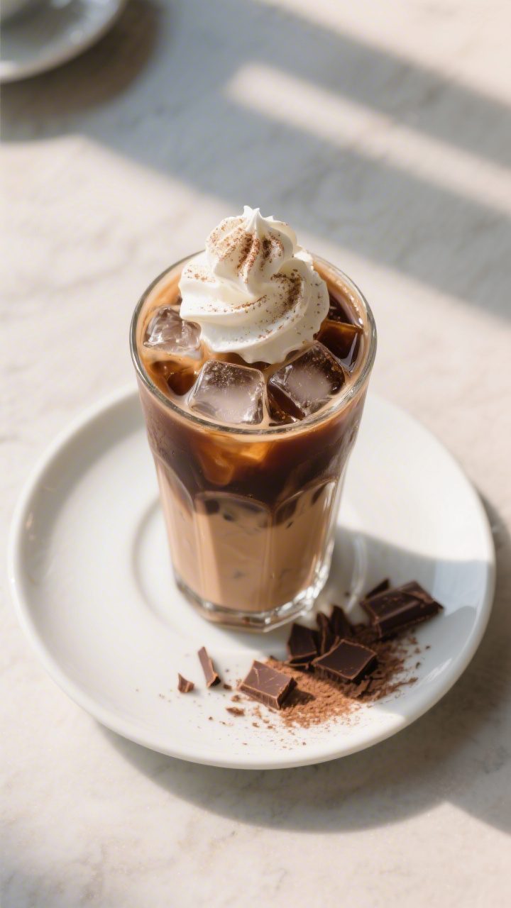 Tasty top view: Overhead shot of a tall glass of iced mocha filled with clear ice cubes, layered ton