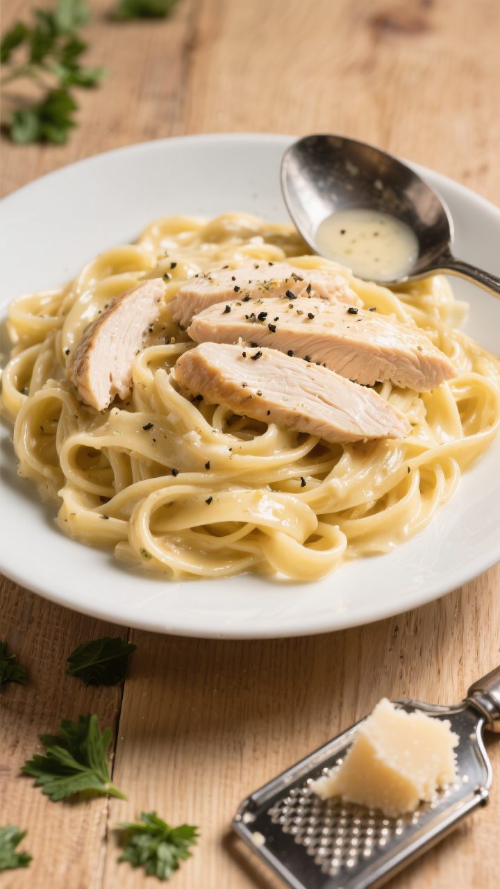 Tasty top-view: Overhead shot of Chicken Alfredo just before serving—fettuccine glistening with em