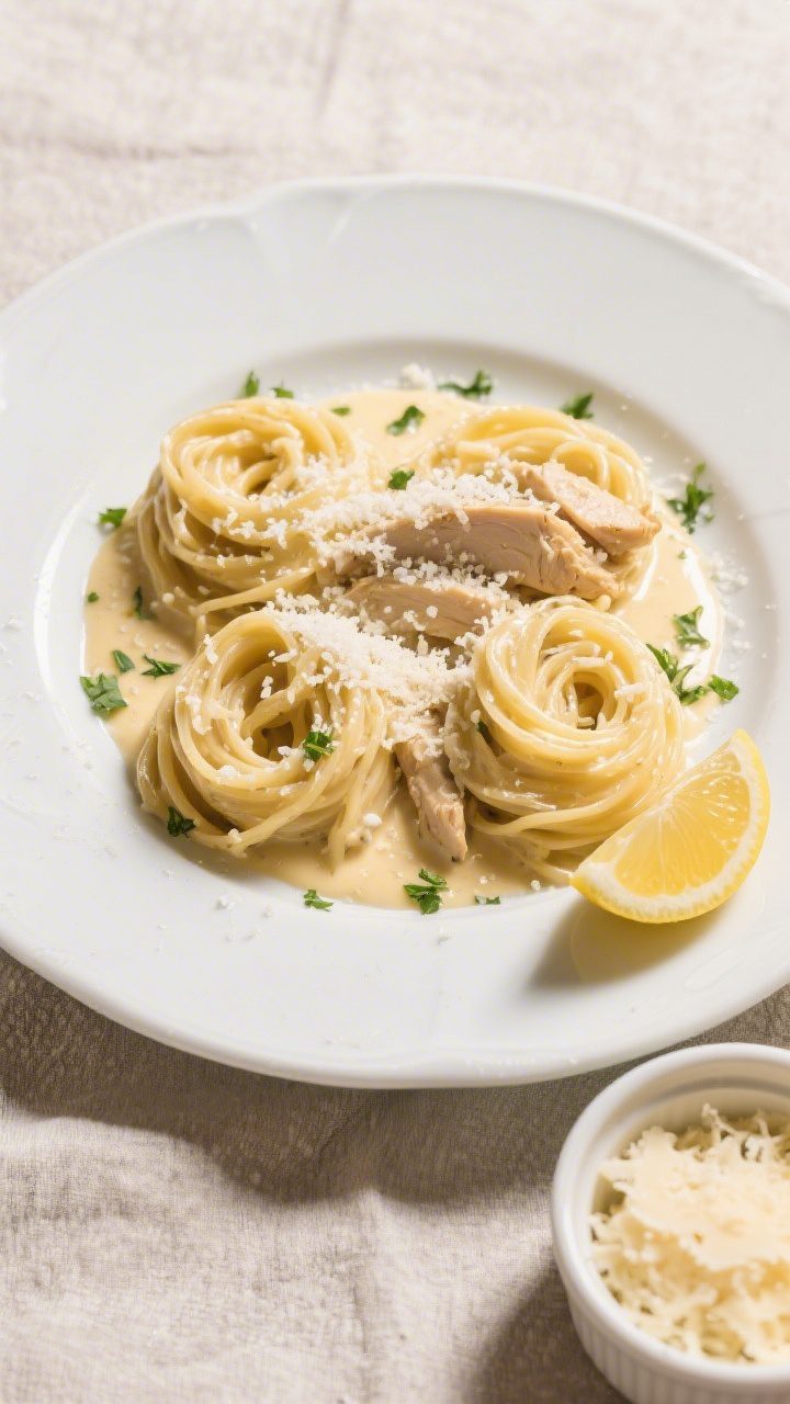 Tasty top view: Overhead shot of Chicken Alfredo twirled into neat nests on a wide white ceramic pla