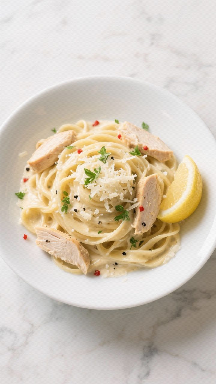 Tasty top view: Overhead shot of Creamy Chicken Alfredo Pasta in a wide, shallow white bowl; fettucc