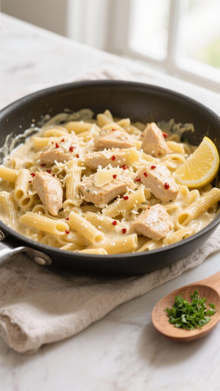 Tasty top view: Overhead shot of creamy garlic chicken pasta in a large sauté pan, pasta just tosse