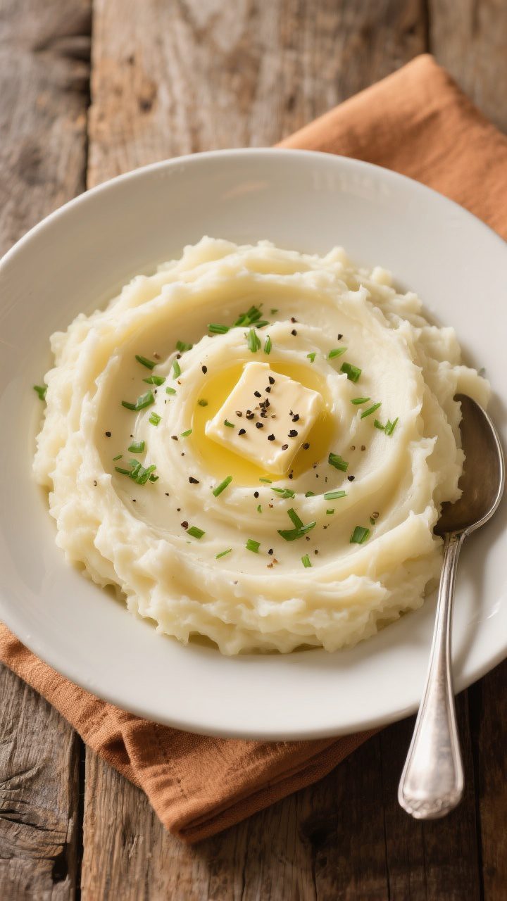 Tasty top view: Overhead shot of creamy mashed potatoes in a wide, shallow white serving bowl, a gen