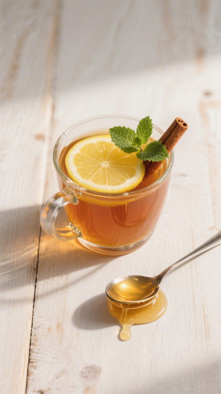 Tasty top view: Overhead shot of finished honey lemon tea on a light wooden surface—translucent am