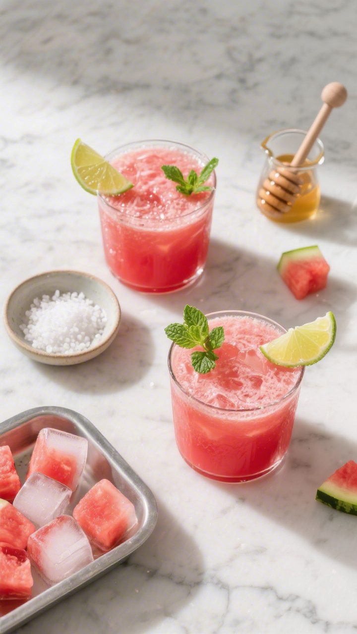 Tasty top view: Overhead shot of finished watermelon juice served in two low tumblers, vibrant red-p
