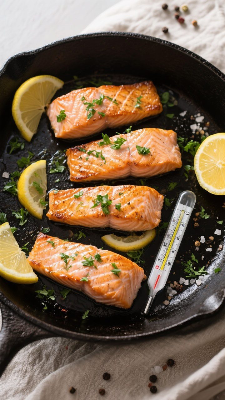 Tasty top view: Overhead shot of four salmon fillets just finished in the oven, skin side down in th