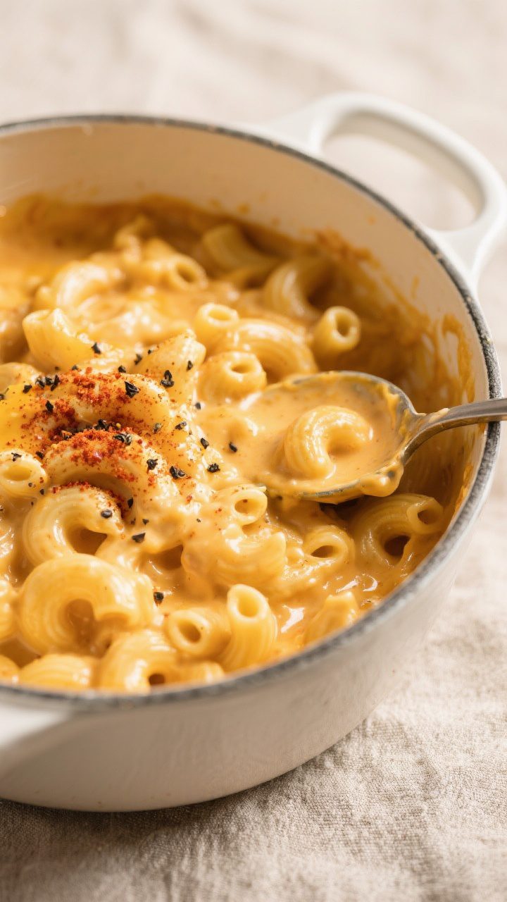 Tasty top view: Overhead shot of freshly combined stovetop mac and cheese in a wide, white enamel po