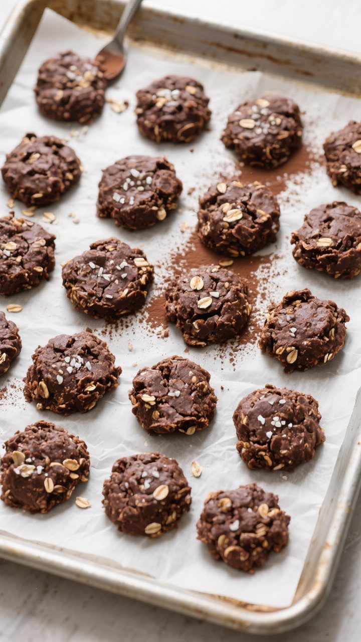 Tasty top view — Overhead shot of freshly scooped no-bake chocolate oatmeal cookies setting on a p