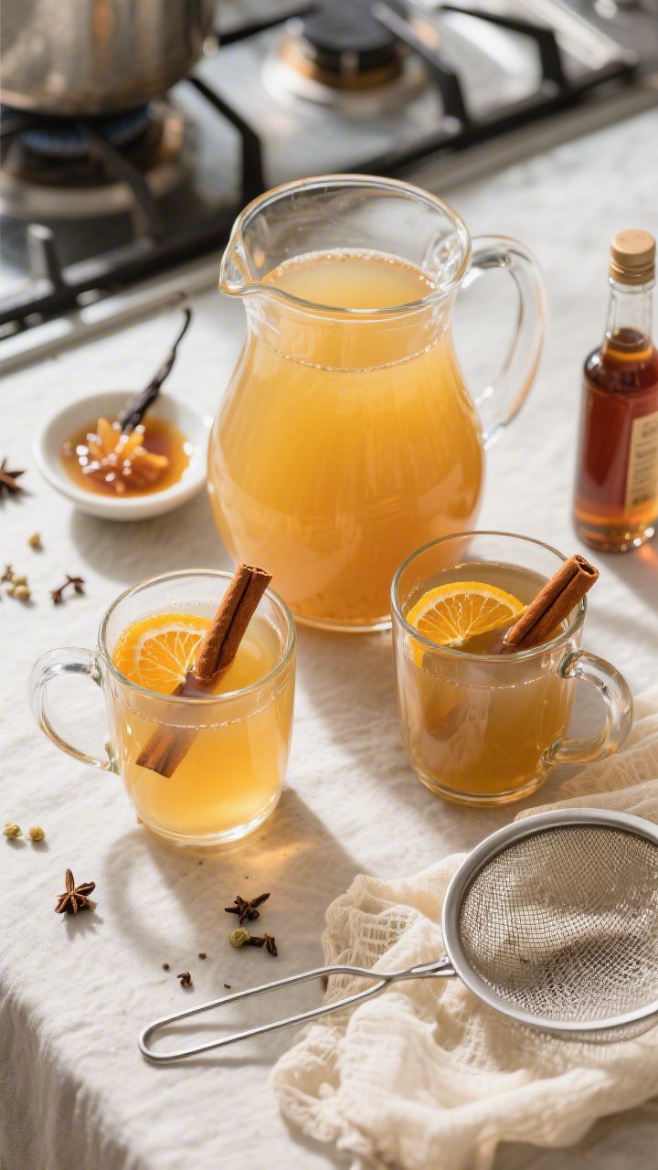 Tasty top view: Overhead shot of freshly strained stovetop apple cider in a wide-mouthed glass pitch