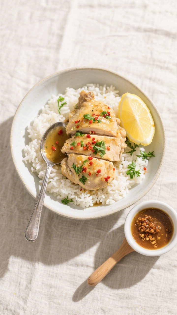 Tasty top view: Overhead shot of garlic butter chicken served over fluffy white rice in a wide, shal