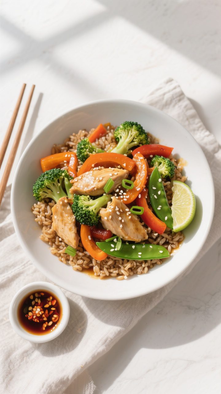 Tasty top view: Overhead shot of High-Protein Chicken Stir Fry served over fluffy brown rice in a wi