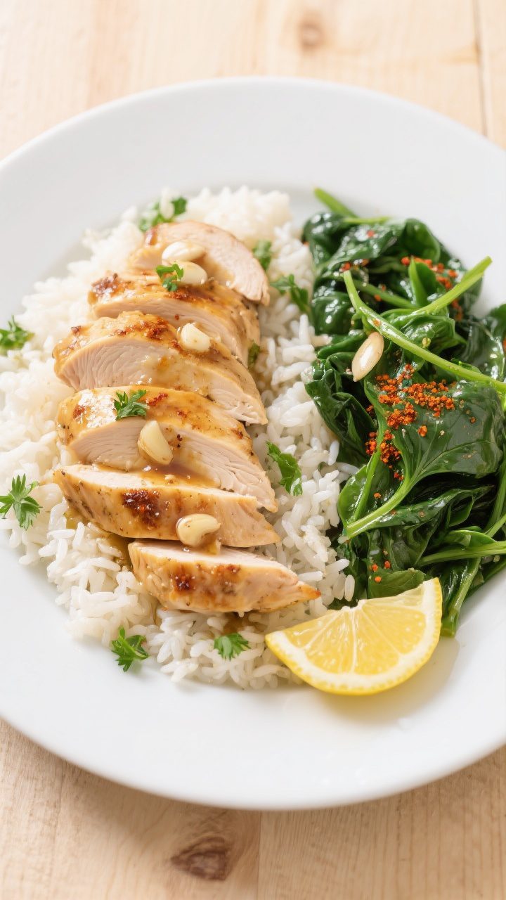 Tasty top view: Overhead shot of High-Protein Garlic Chicken Skillet plated over fluffy white rice w
