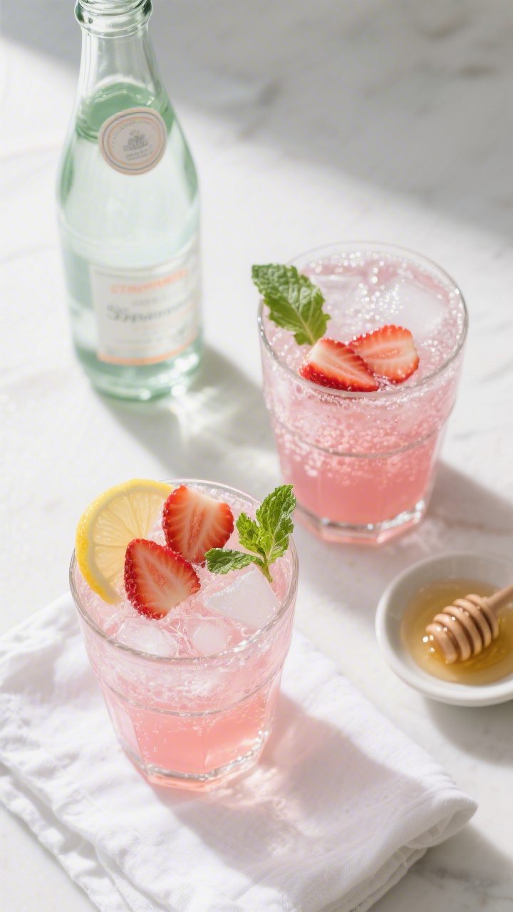 Tasty top view: Overhead shot of ice-filled highball glasses with the finished Strawberry Spritzer,