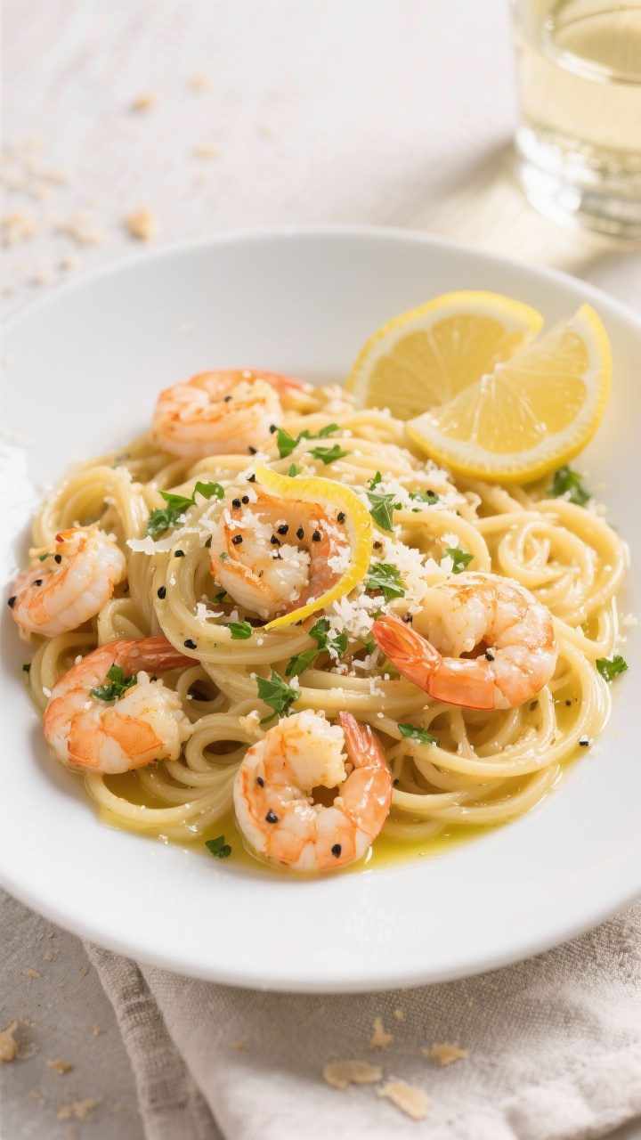 Tasty top view: Overhead shot of Lemon Butter Shrimp Pasta plated in a wide, white shallow bowl; str