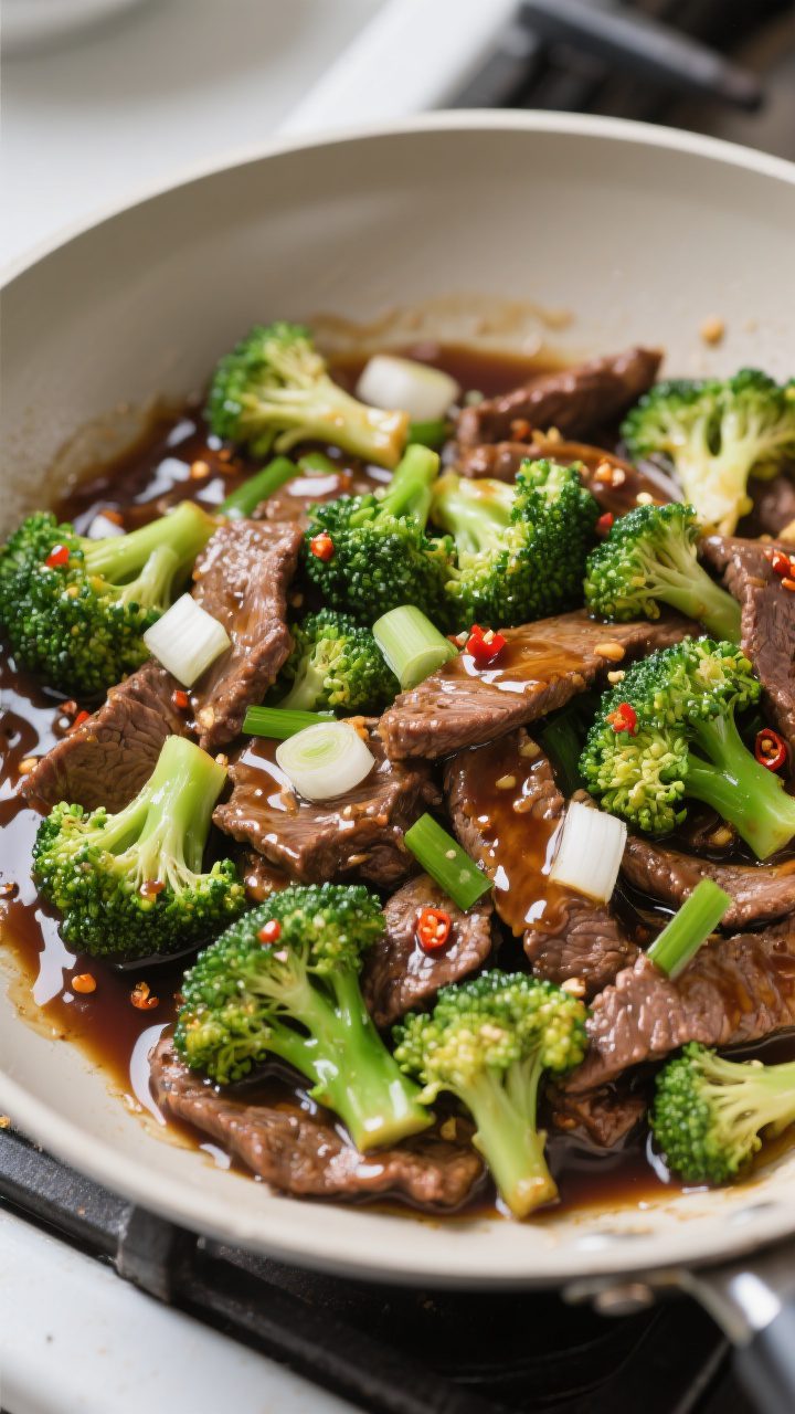 Tasty top view: Overhead shot of low-carb beef and broccoli just after saucing in the pan—vivid br