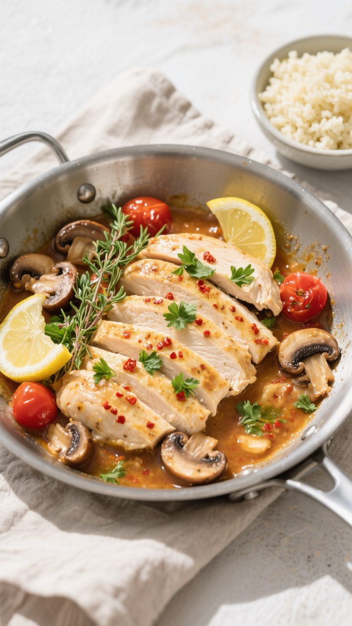 Tasty top view: Overhead shot of Low-Carb Garlic Butter Chicken Skillet served family-style in a sta