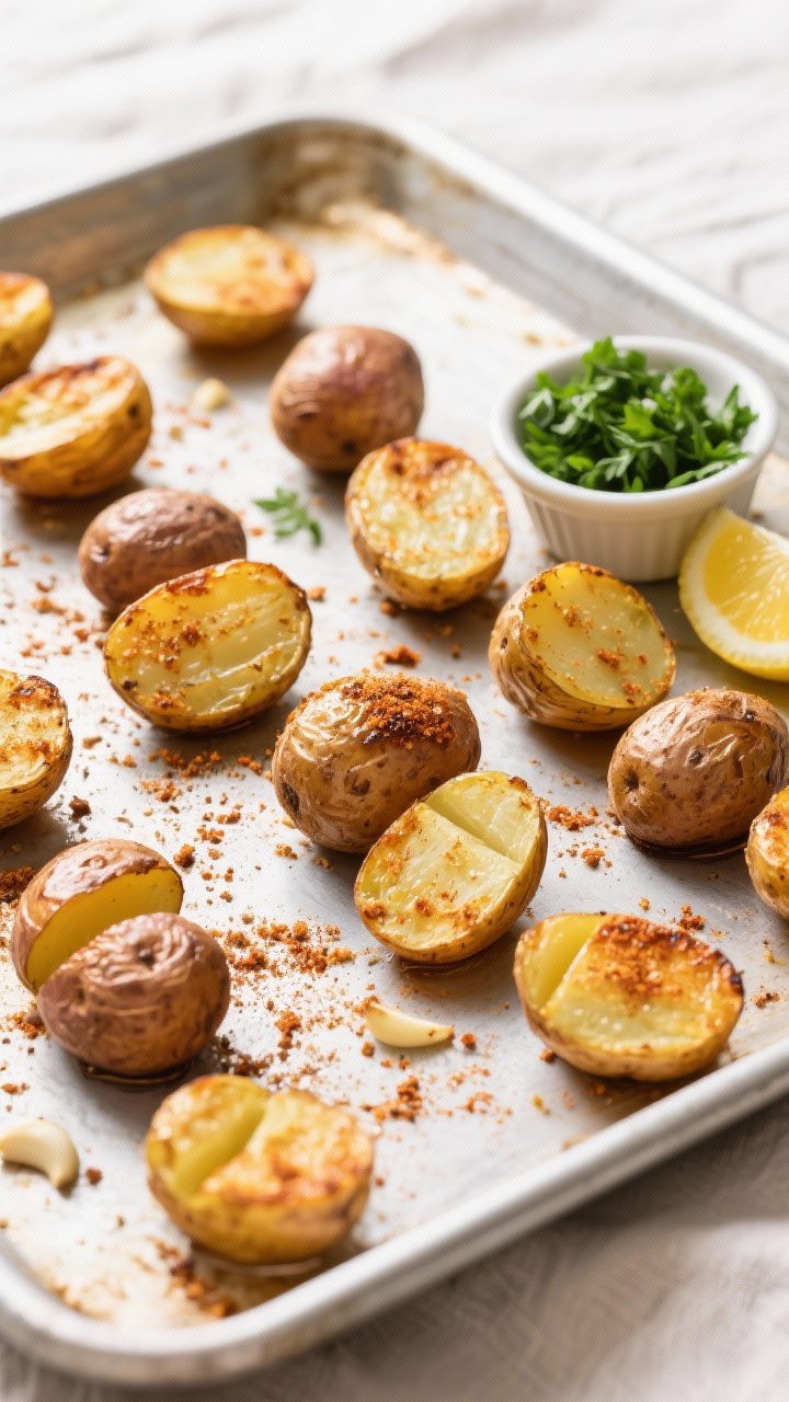 Tasty top view: Overhead shot of oven-roasted baby potatoes arranged cut-side-up on a preheated, bar