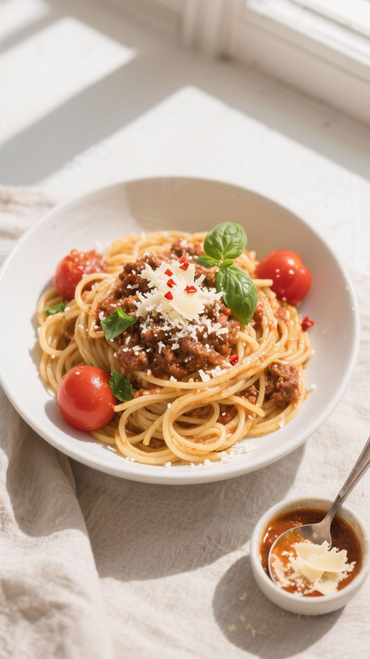 Tasty top view: Overhead shot of spaghetti tossed al dente in silky meat sauce, sauce clinging to st