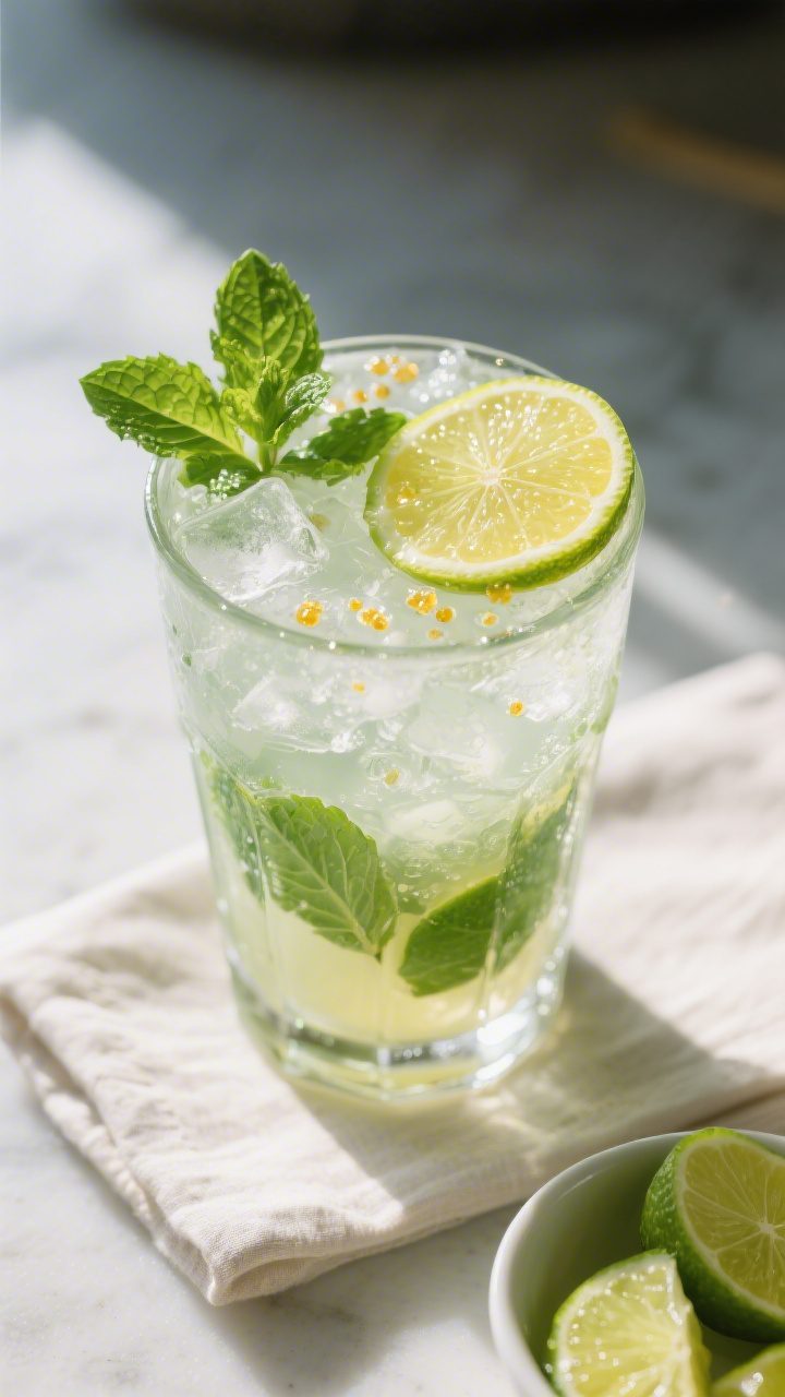 Tasty top view: Overhead shot of the final virgin mojito in a Collins glass—packed with crushed ic