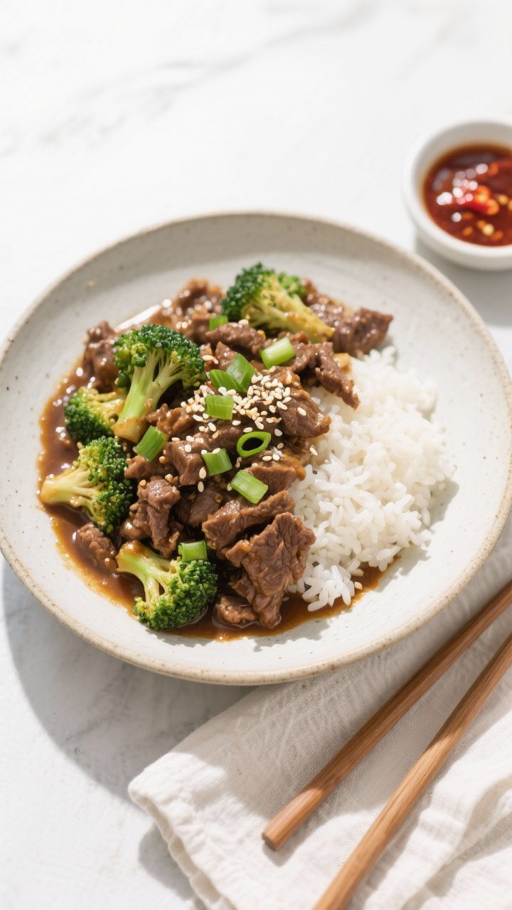Tasty top view: Overhead shot of the finished beef and broccoli served over fluffy steamed white ric