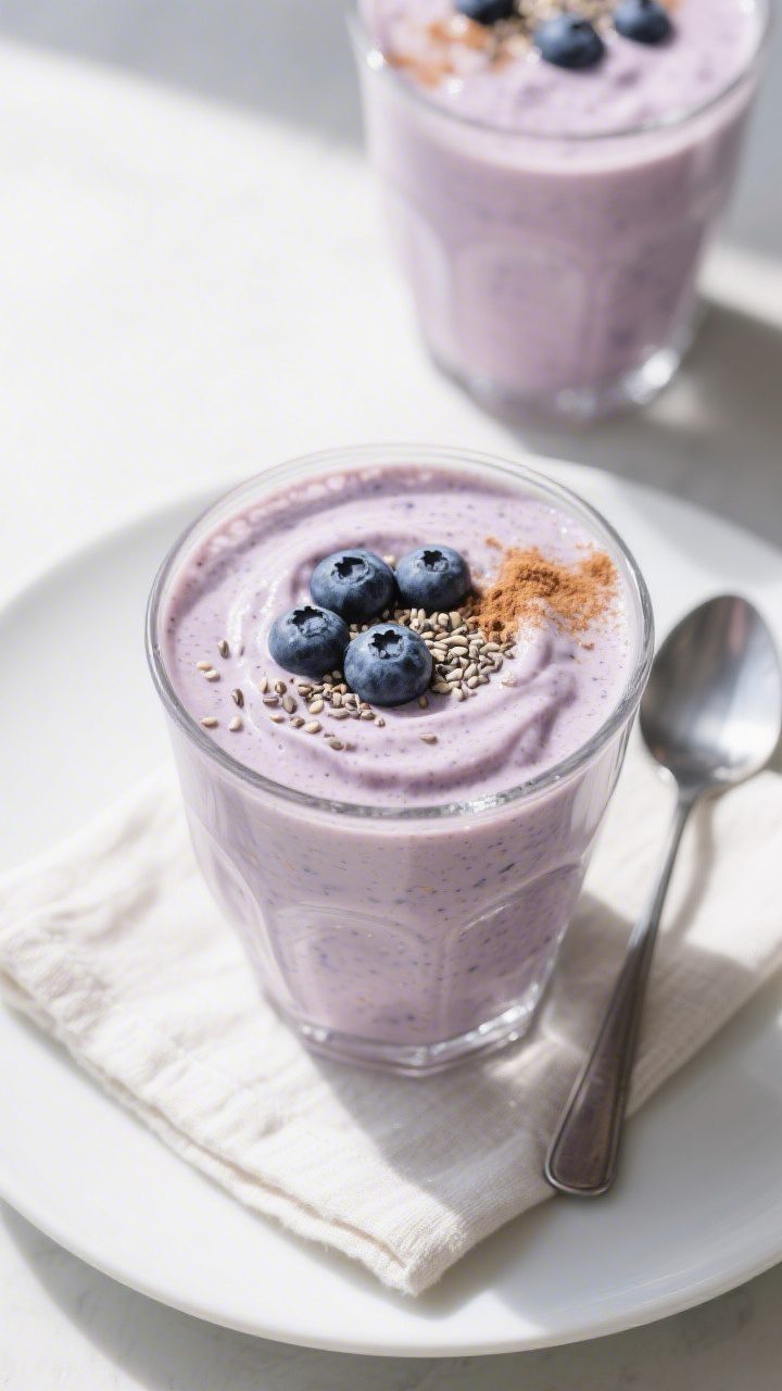 Tasty top view: Overhead shot of the finished blueberry smoothie in a wide, low tumbler, topped with