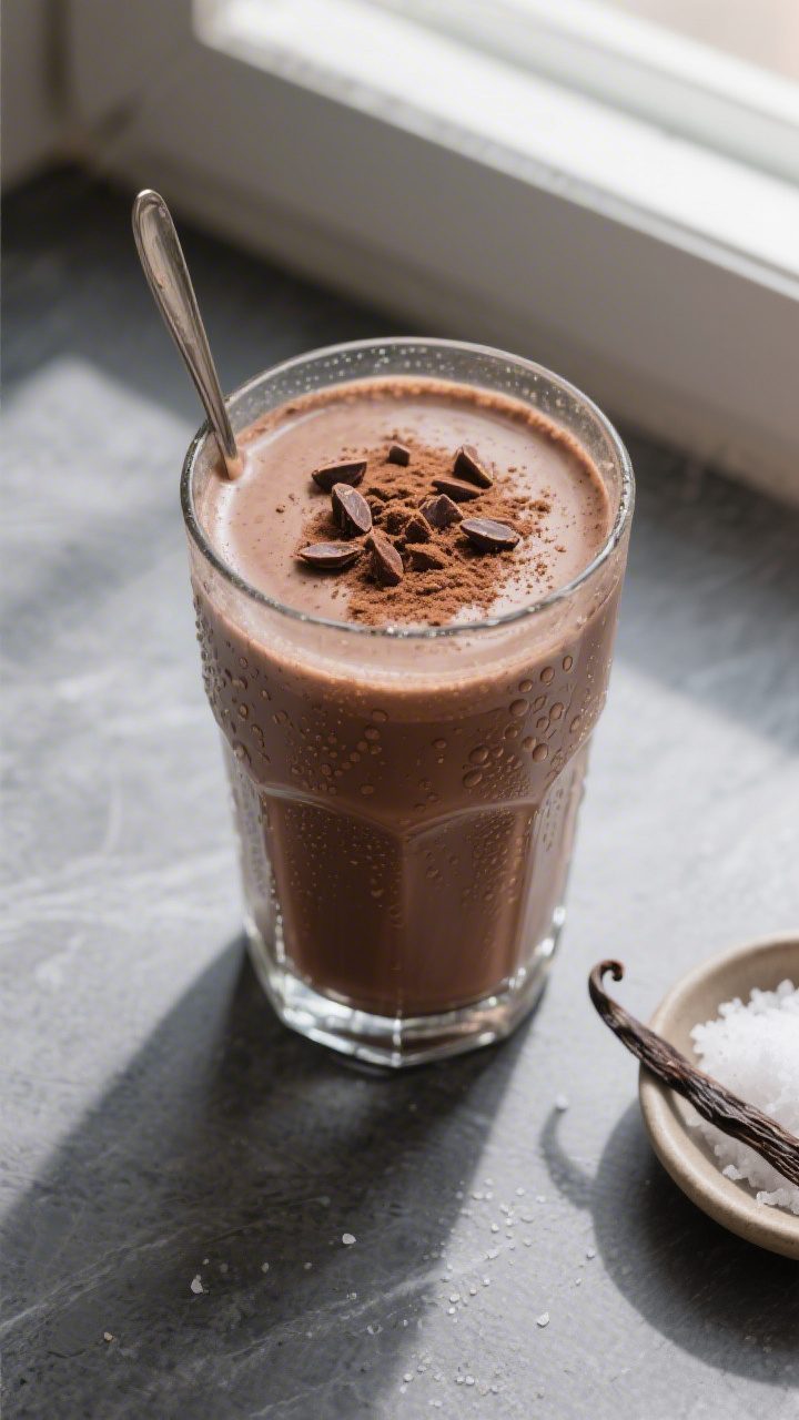 Tasty top view: Overhead shot of the finished chocolate protein shake poured into a chilled highball