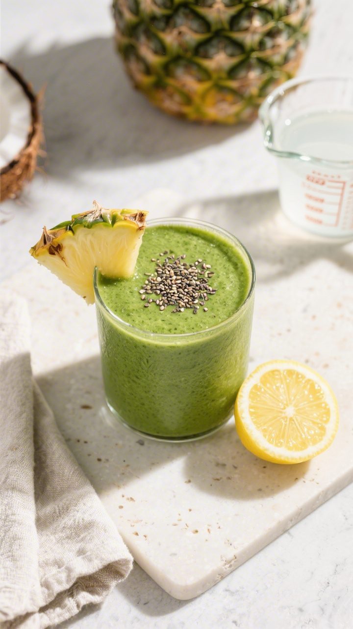 Tasty top view: Overhead shot of the finished green detox smoothie in a wide-mouth glass, vibrant sp