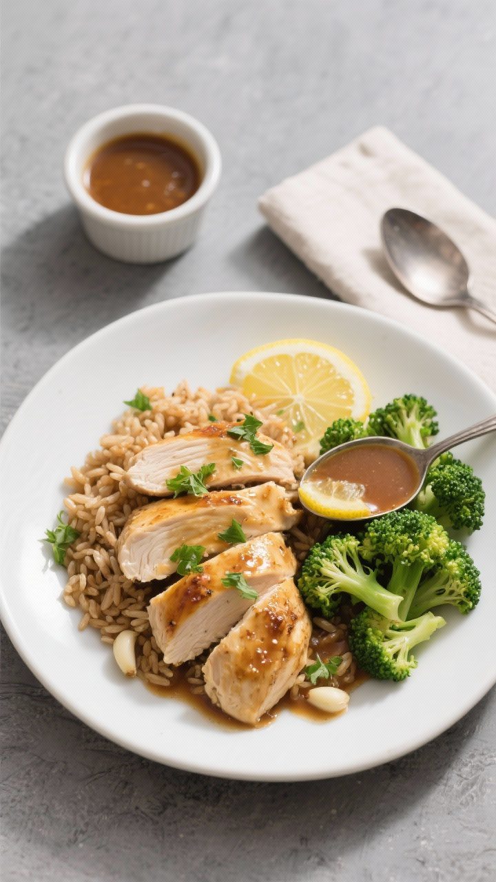 Tasty top view: Overhead shot of the finished Lemon Garlic Chicken Skillet plated for serving—slic