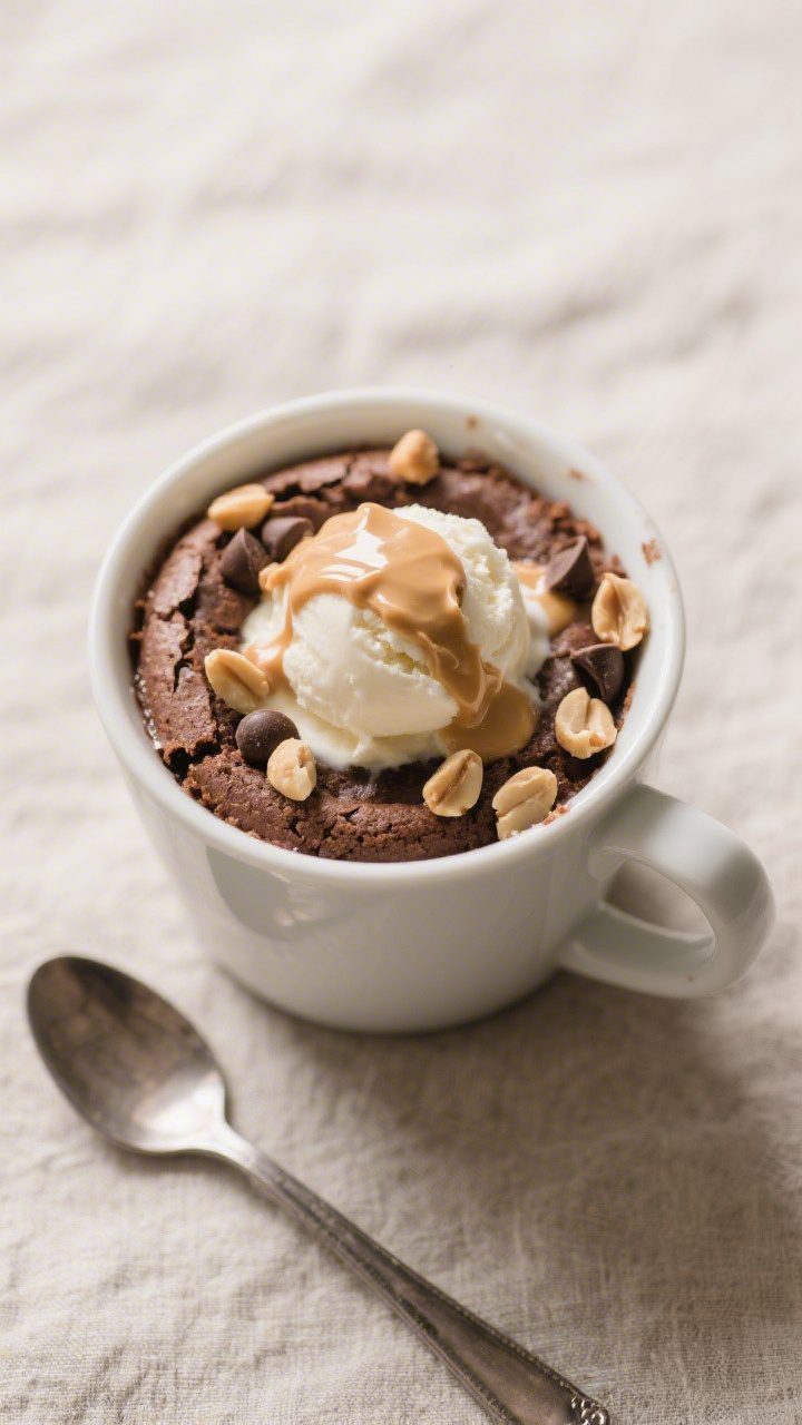 Tasty top view: Overhead shot of the finished mug cake served straight in the mug, topped with a sco
