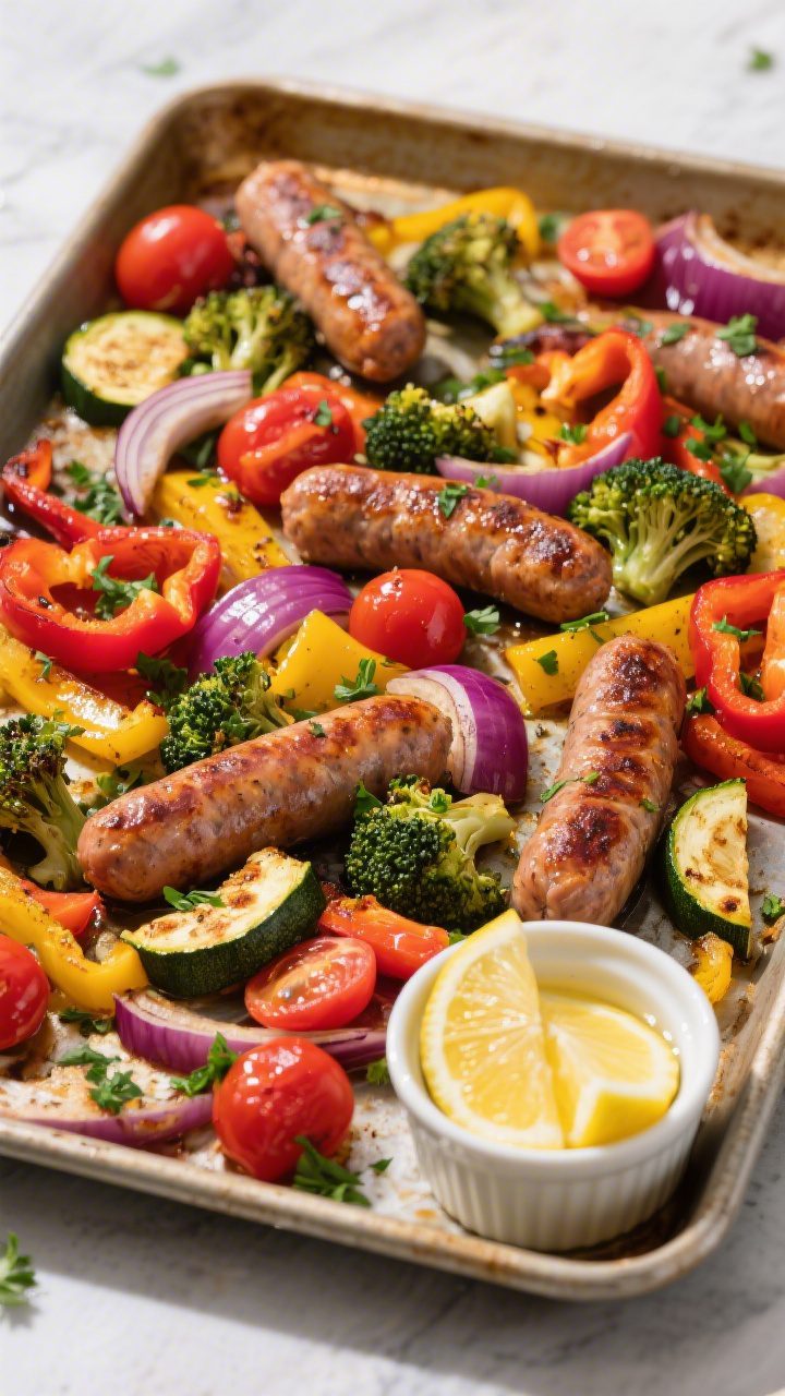 Tasty top view: Overhead shot of the finished One-Pan 30-Minute Sausage and Veggies served family-st