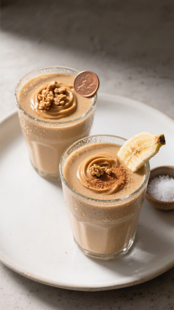 Tasty top view: Overhead shot of the finished Peanut Butter Banana Smoothie served in two glasses, t