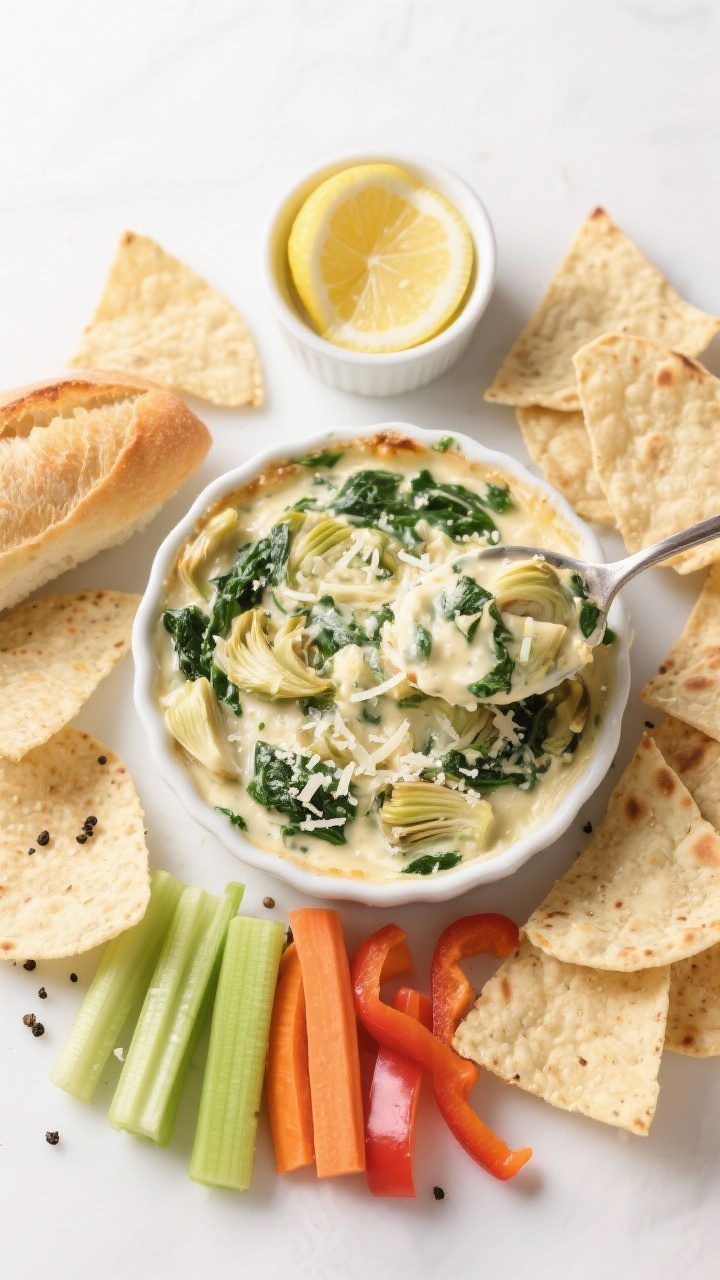 Tasty top view: Overhead shot of the finished spinach artichoke dip after a 5-minute rest, center sc