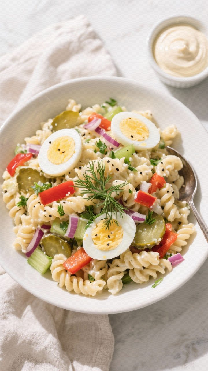Tasty top view: Overhead shot of the mixed macaroni salad in a wide white bowl after chilling—crea