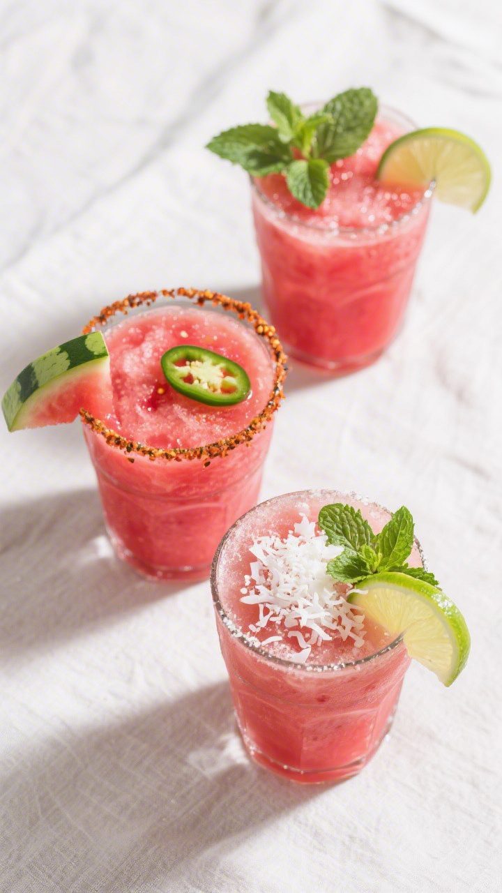 Tasty top view: Overhead shot of three watermelon slushies arranged for variety—classic lime-mint,