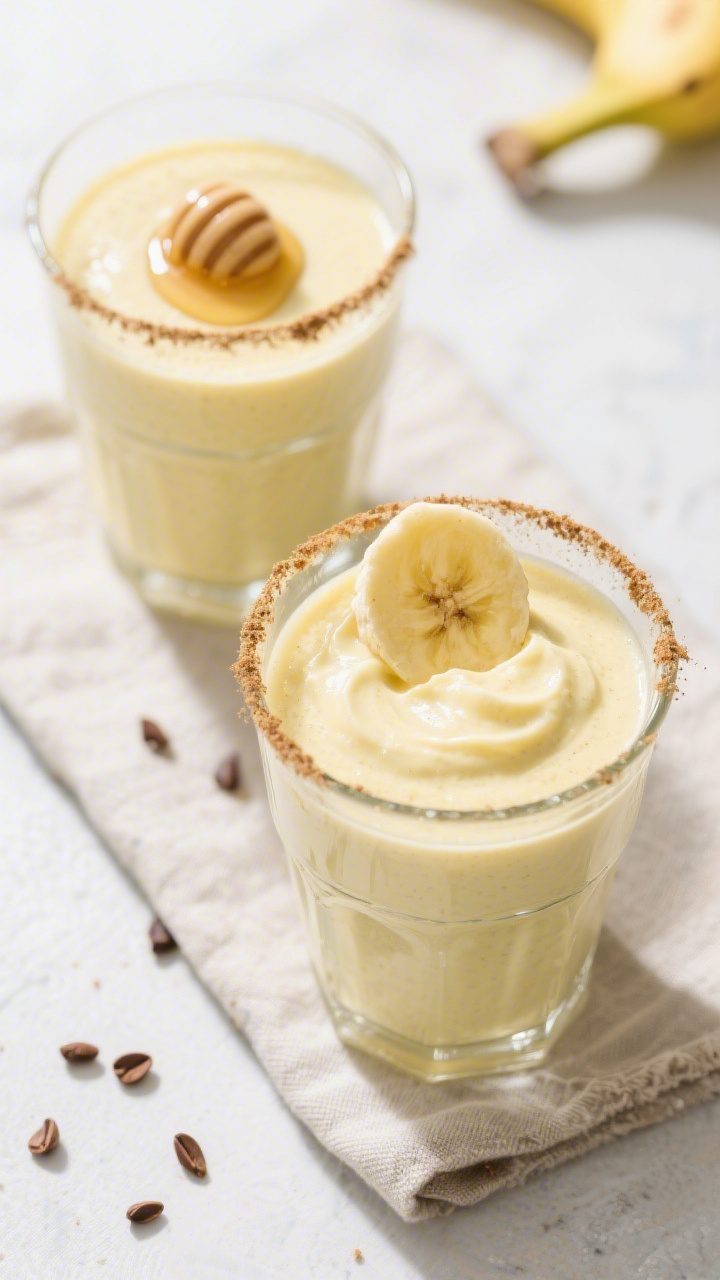 Tasty top view: Overhead shot of two chilled glasses filled with the finished creamy banana smoothie