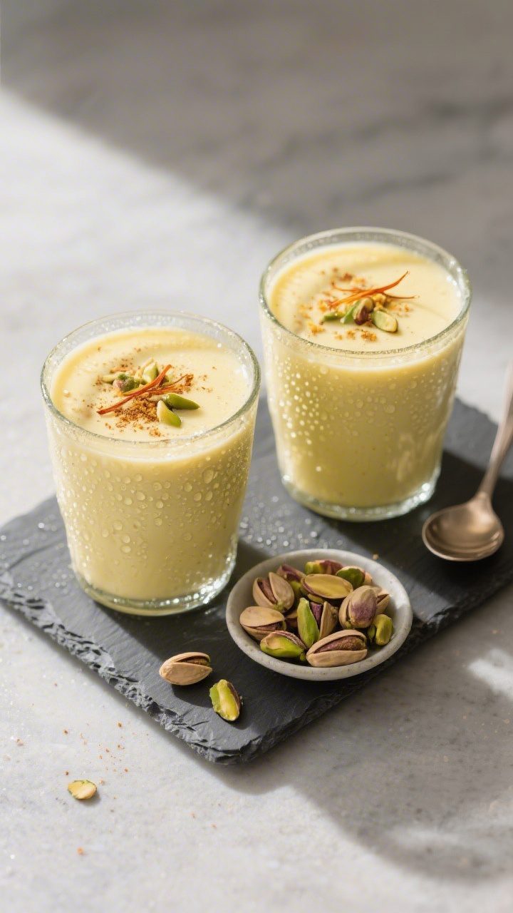 Tasty top view: Overhead shot of two mango lassi glasses filled to the brim, creamy and glossy, topp