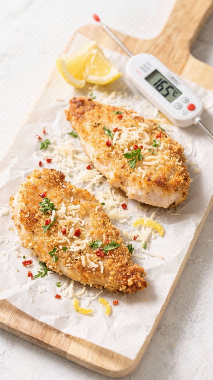 Tasty top view: Overhead shot of two Parmesan-crusted chicken cutlets resting after cooking on a par