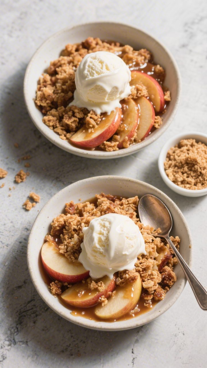 Tasty top view: Overhead shot of warm apple crisp scooped into shallow bowls, each topped with a slo